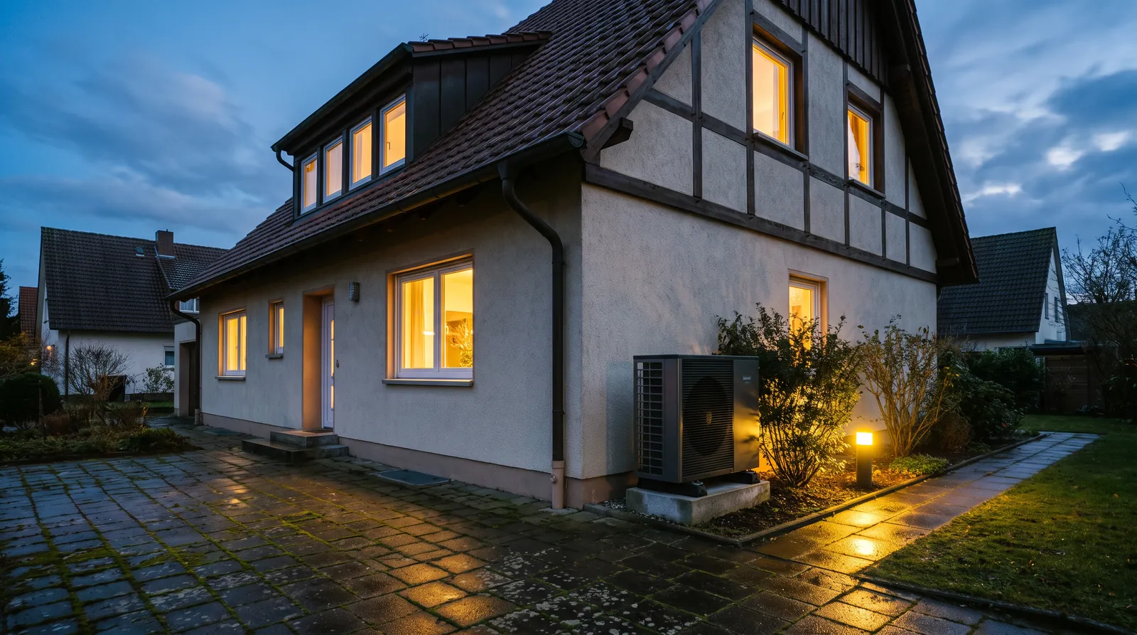 Einfamilienhaus zur blauen Stunde mit Wärmepumpe an der Hauswand